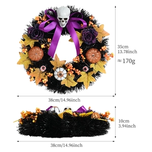 Halloween wreath with skull, pumpkin and purple roses, dimensions 38x35cm shown on white background