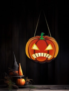 Close-up of a pumpkin Halloween door sign hanging on a rustic wooden background