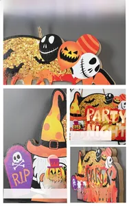 Détail de l'enseigne en bois Party Night pour Halloween avec LED et motifs de gnomes