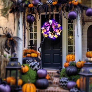 Halloween door wreath with glowing purple lights, skulls, pumpkins and fall maple leaves
