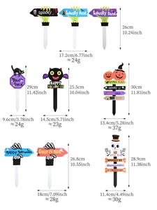 Detaillierte Maße und Gewichte für ein 6er-Set Halloween-Gartenstecker mit Festmotiven