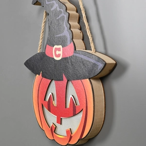 Wooden Halloween pumpkin hanging sign with black wizard hat and rustic jute rope