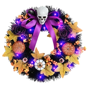 Halloween wreath with purple LED lights, skull, orange pumpkins and silk roses for door decor