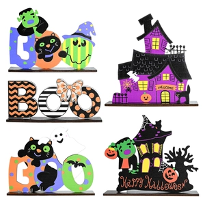 Ornements de Bureau en Bois d'Halloween Boo Maison Hantée Décoration de Table Pour Fête d'Halloween Maison Fantôme Chat Festif