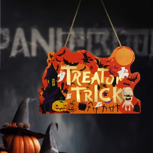 Halloween wooden Treat or Trick door sign with pumpkin, ghost and bat decorations