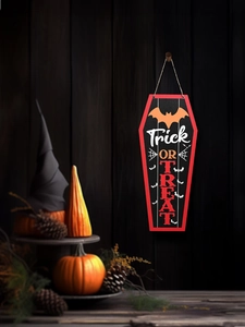 Detailed coffin-shaped Halloween door sign with Trick or Treat print and hemp rope
