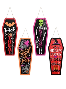 Detail of four coffin-shaped wooden Halloween signs with festive spooky patterns