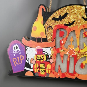 Halloween wooden gnome hanging sign with Happy Halloween and Party Night text