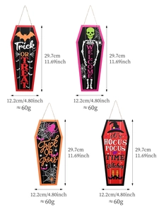 Detailed view of Halloween coffin wood door hangers with Hocus Pocus and bat designs