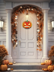 Close-up of a vibrant Halloween pumpkin door sign hanging on a decorated white door