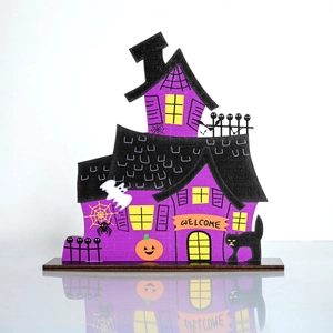 Décoration de table Halloween maison hantée violette en bois avec fantôme et citrouille