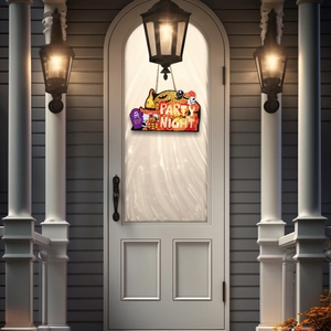 Plaque de porte Halloween Party Night en bois avec citrouille et chauve-souris