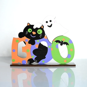 Décoration de table BOO en bois pour Halloween avec fantôme, chat noir et chauve-souris