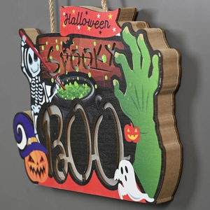 3D wooden Halloween door sign with spooky lettering and pumpkin illustrations for parties