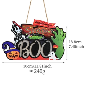 Halloween wooden door sign featuring skull and pumpkin icons with size specifications