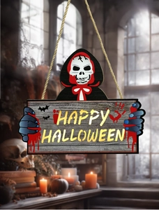 Détail d'une plaque d'Halloween en bois avec squelette à cape rouge et message