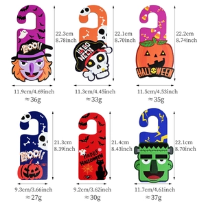 Set of 6 Halloween door knob hangers featuring pumpkin, witch and ghost designs
