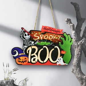 Halloween wooden door sign featuring spooky ghosts and pumpkins for festive home decoration