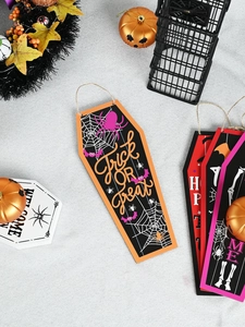 Halloween coffin door hanger featuring spider web and skeleton on textured background