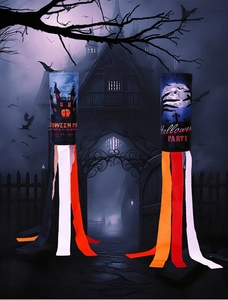 Halloween windsocks featuring spooky castle and graveyard silhouettes with vibrant streamers