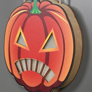 Illuminated wooden Halloween pumpkin door sign with hanging rope for party wall decor