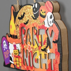 Detail of wooden Halloween gnome sign showing multi-layered thick wood and hollow cut edges