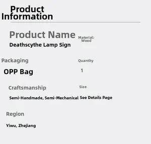 Specifications for wooden Grim Reaper scythe LED sign with semi-handmade craftsmanship