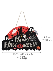 Detailed size and weight view of a wooden Happy Halloween hanging door sign with motifs
