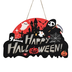 Wooden Halloween door sign featuring Happy Halloween greeting and spooky castle graphics