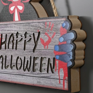 Wooden Halloween hanging sign with Happy Halloween cutout and bloody zombie hand design