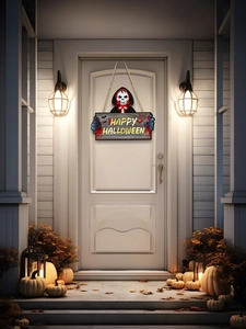Plaque d'Halloween en bois avec squelette en cape rouge et texte Happy Halloween décoratif