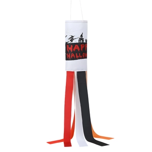 Detail of Happy Halloween windsock with colorful streamers and spooky holiday graphics