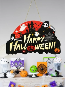 Close-up of a festive Happy Halloween wooden door sign featuring bats and pumpkins