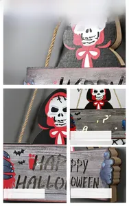 Détail de plaque en bois Halloween avec LED, motif faucheuse et texte Happy Halloween