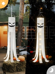 Halloween ghost windsock with pumpkin face and warm LED lights for day and night garden decor