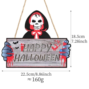 Wooden Halloween hanging sign featuring a red hooded skull and Happy Halloween text