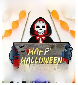Plaque en bois Halloween avec squelette à capuche et texte Happy Halloween pour fête