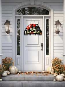 Halloween Happy Halloween wooden door sign hanging on a white house entrance with pumpkins