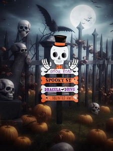 Detail der Halloween-Holzschilder mit Totenkopfhut und knochenförmigen gruseligen Wegweisern