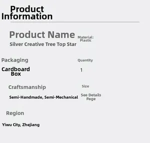 Detailed specifications for silver Christmas tree topper star made of plastic material