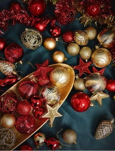 Close-up of red and gold Christmas ball ornaments with mixed textures on a luxury tray