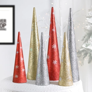 Glitter Christmas Cone Tree Decoration Plastic Conical Tabletop Ornament With Snowflake Bowknot For Festive Home Party Layout