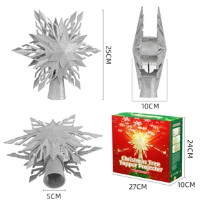Silver snowflake Christmas tree topper with LED projection and decorative gift box