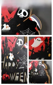 Detail showing built-in LED lighting and laser-cut Happy Halloween wooden sign texture