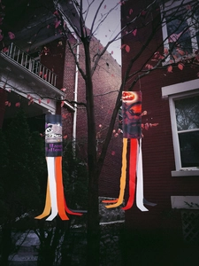 Outdoor Halloween windsocks with skull and pumpkin hanging from autumn tree branches