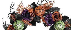 Close-up of Halloween wreath with black leaves, glitter roses, spiders and orange ornaments