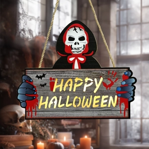 Plaque Suspendue en Bois Halloween Crâne Faucheuse Happy Halloween Maison Hantée Horreur Fête Décoration Murale Avec Lumière LED