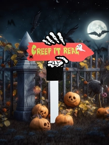 Halloween Gartenschild mit Skeletthand und Creep It Real Schriftzug auf dem Pfeil