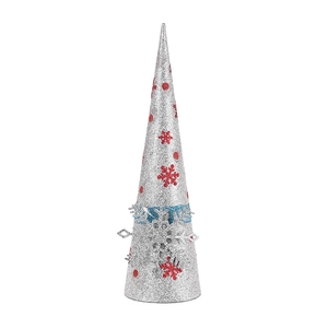 Detail of silver glitter Christmas cone with red snowflakes and blue hollow band decor