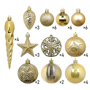 Detailed assortment of 44 gold Christmas ornaments with various textures and shapes